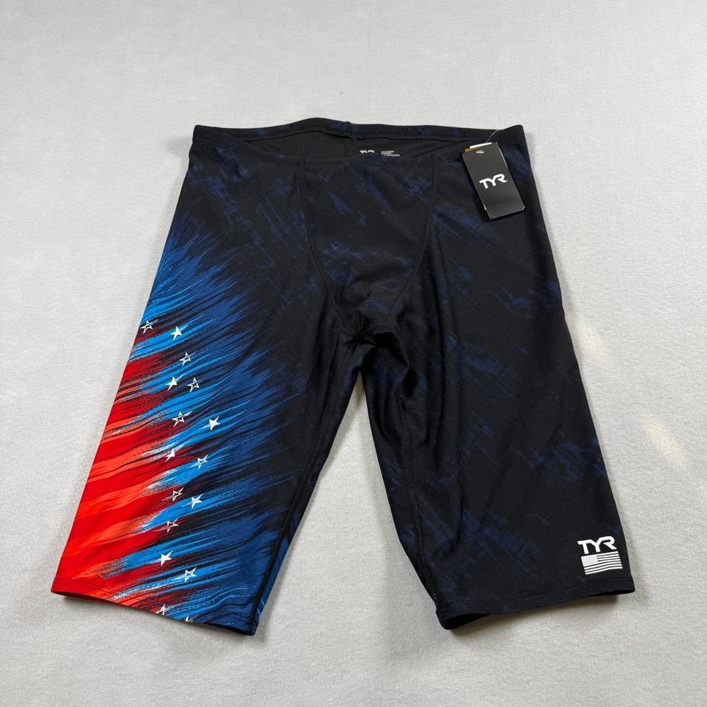 TYR Mens XL 38 Jammer Swimsuit Navy Red Valiance Stars Stripes Durafast Training